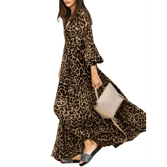 ZANZEA Women Puff Sleeve Leopard Printed Tunic Maxi Dress with Belt