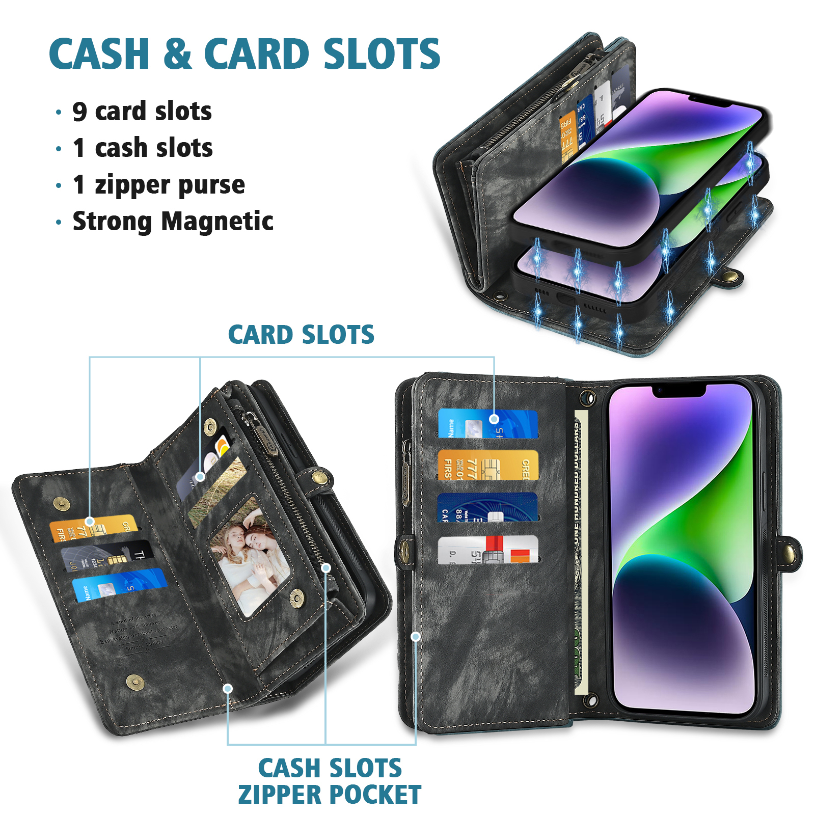 Asuwish Compatible with iPhone 14 Plus 6.7 inch Phone Case Zipper Wallet Screen Protector Lanyard Strap Flip Card Holder Cell Cover for i-Phone 14+ iPhone14Plus 5G i i14 + iPhone14 14Plus Women Black