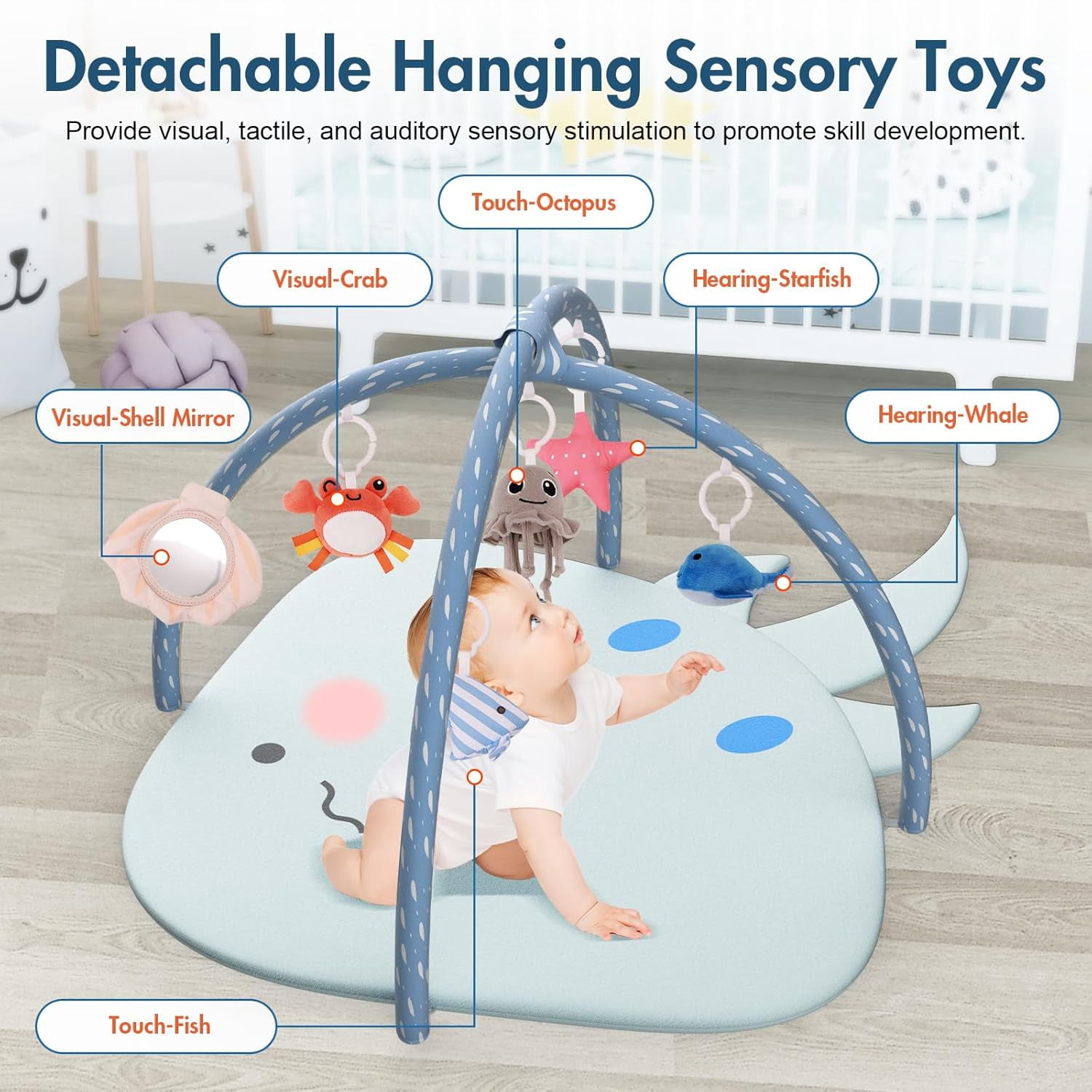OMZER Baby Play Gym Mat for Infant & Newborn, Baby Activity Mat with 6 Detachable Hanging Toys for Sensory & Motor Skill Development, Ocean Style Playgym