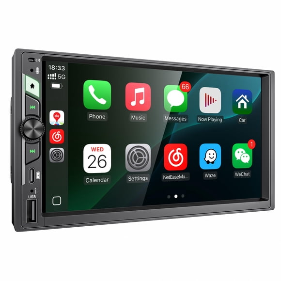 7'' Double Din Car Stereo with Wireless Apple CarPlay & Android Auto, Wireless Airplay & Mirror Link, 1024x600 HD Touchscreen, 240W, Bluetooth, 12-LE