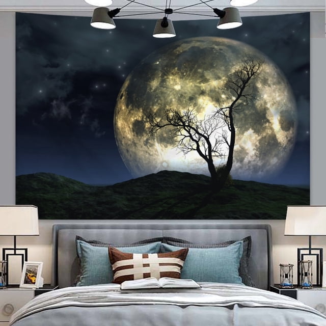 Tapiz para colgar en la pared con silueta de árbol de luna llena, cielo nocturno