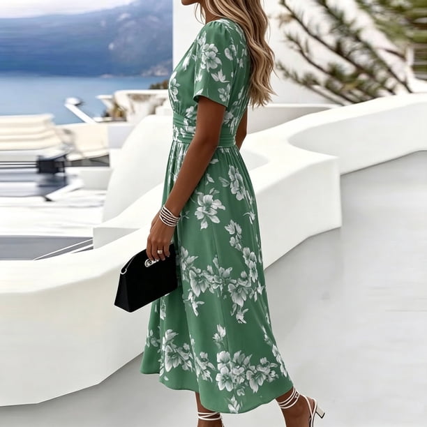 ladies green midi dress VBVC Women's Floral Wrap Dress, Summer Casual Pull-On For Women, Ladies' Short Sleeve V-Neck Dress with Pockets,Green,S-3XL sukienka na lato