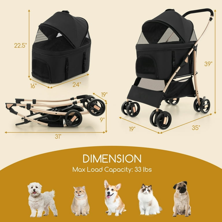 Petsite 3 In 1 Pet Stroller with Removable Car Seat Carrier 4 Level Adjustable Canopy Black Gold Walmart