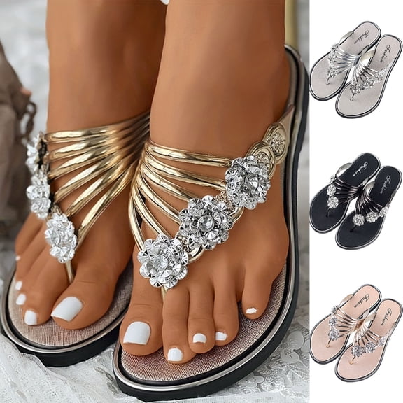 Puntoco Women'S Rhinestone Rose Open Toe Flip Flops Summer Fashion Slippers New Sandals Comfortable Non-Slip Flat Slippers Silver 9.5(43)