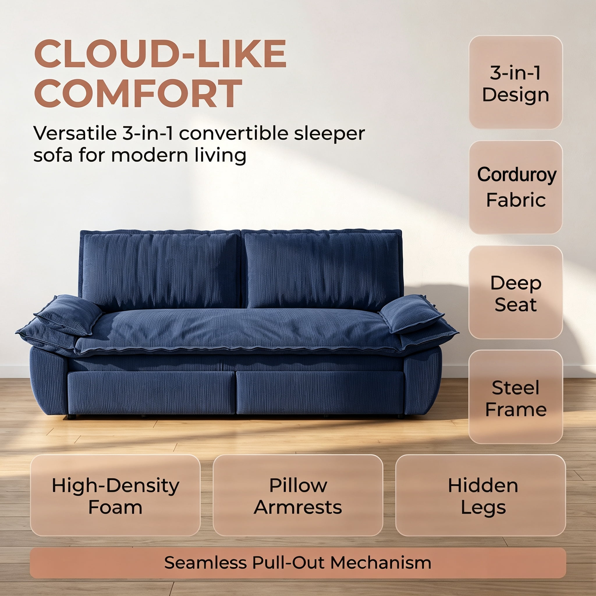 3-in-1 Queen Convertible Sleeper Sofa Bed, 73.2" Corduroy Pull Out Couch with Extra Deep Seat & Pillow Top Armrests, Modern Folding Futon Lounge, Blue