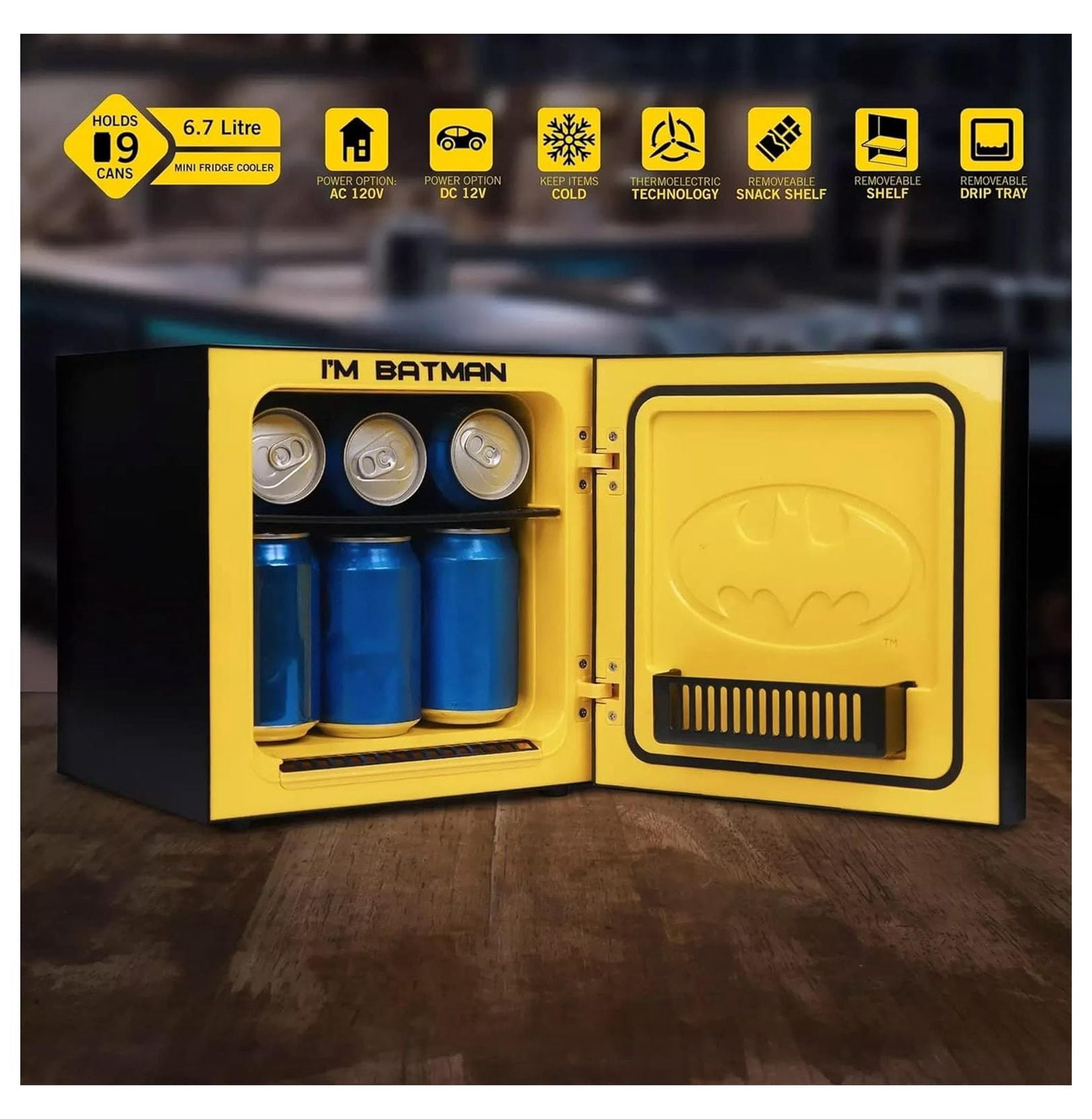 Batman Thermoelectric Cooler - 6.7L Mini Fridge Holds 9 Cans - Portable Electric Cooler for Home, Office, Dorm - Black & Yellow