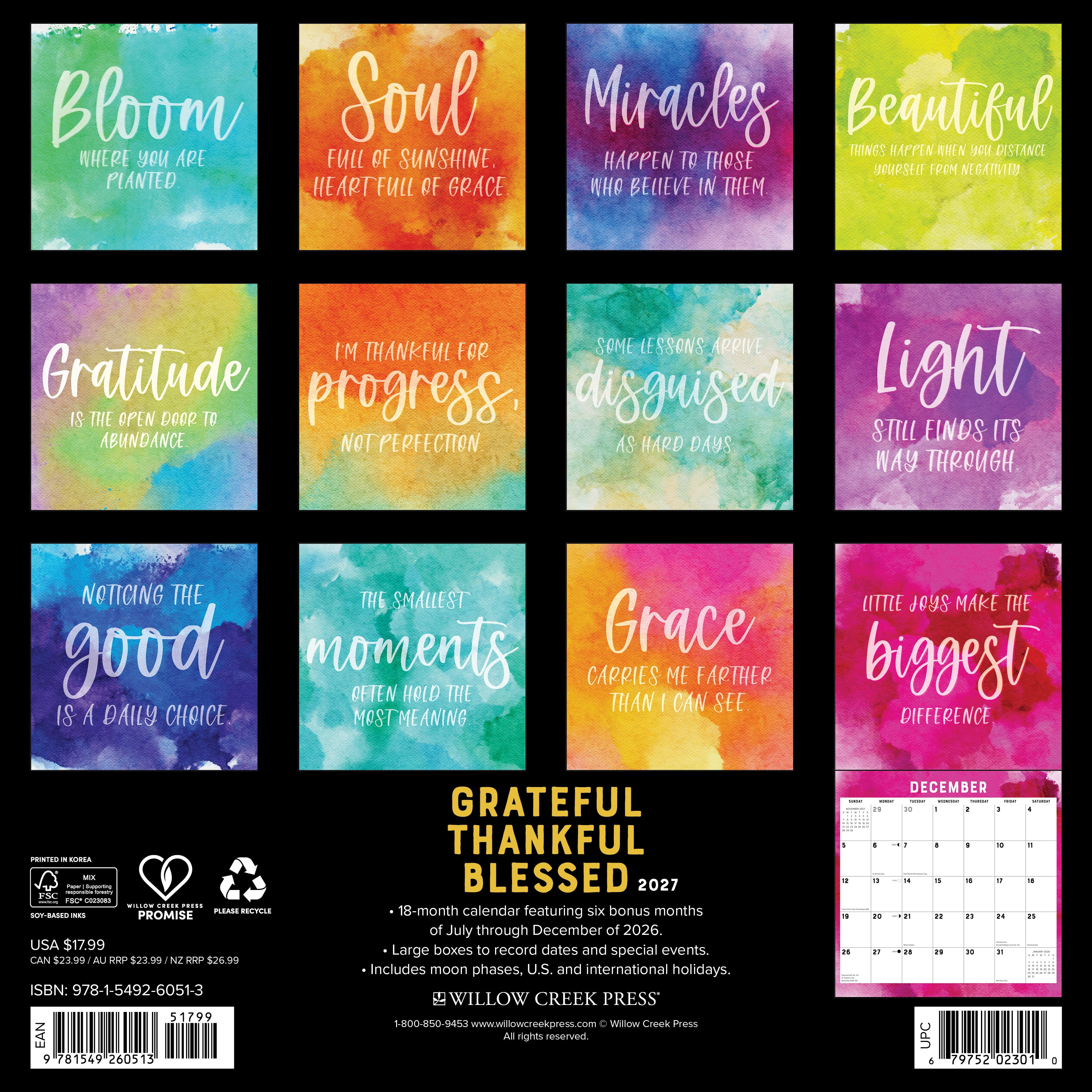 Willow Creek Press, Grateful, Thankful, Blessed 2027 Wall Calendar