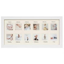 First Year Newborn Baby Collage Keepsake Picture Frame for Photo Memories with Double Beige Mat and Twelve 2.5x2.5 Slots - White