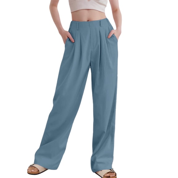 Lixiuxyad Women Flowy Pants Women's High Waist Casual Pants Solid Color Corduroy Spliced Slit Hem Trousers For Women Blue