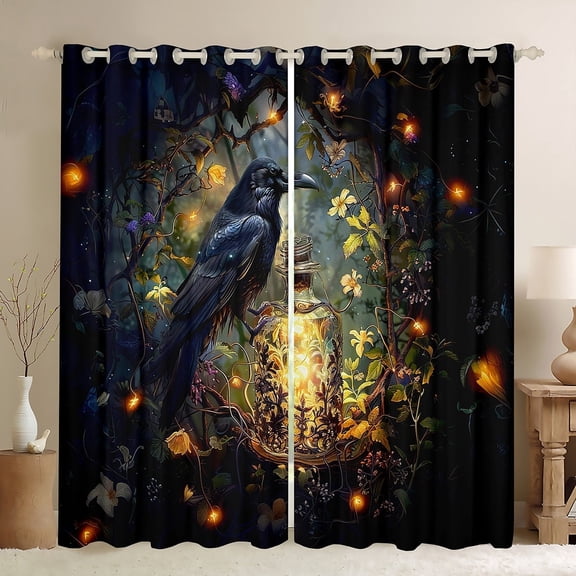 jejeloiu Balck Crow Black Out Curtains,Yellow Chic Firefly Curtains Pack of 2 (42x63 Each),Tropical Plant Leaf Bedroom Curtains,Lightweight Room Decor