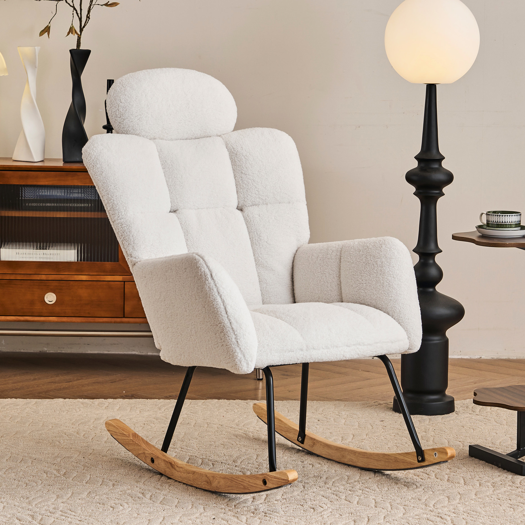 Mid Century Modern Nursery Rocking Chair, High Fabric Upholstered For Living Room, Bedroom Accent Glider With Bedroom,