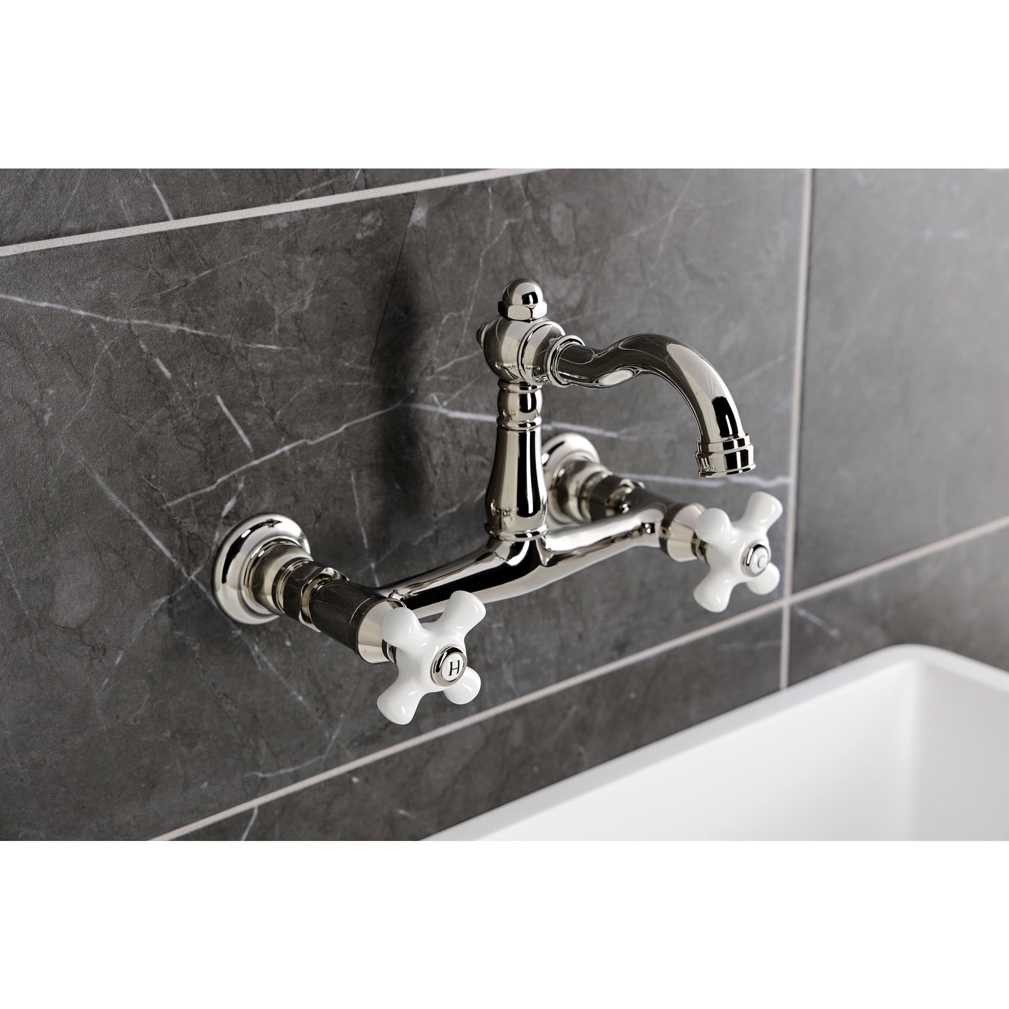 Kingston Brass KS3256PX Vintage Double-Handle Wall-Mount Bridge Kitchen Faucet, Polished Nickel