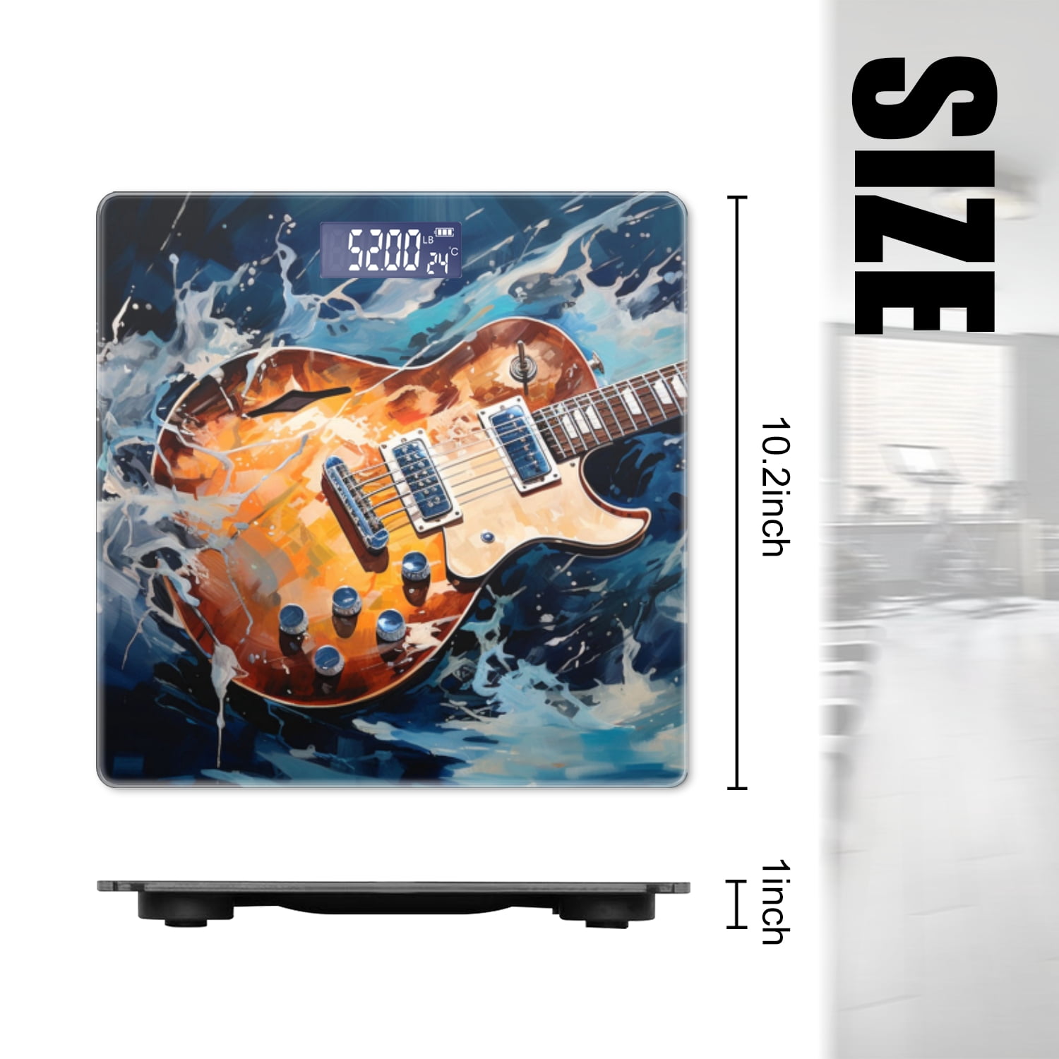 Digital Bathroom Scale with Large LCD Display,High Capacity Scale 400 lbs High Precision body fat scale-Guitar On Blue Background With Water Splashes Around