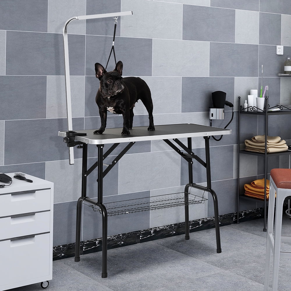 Kepooman 32" Foldable Stainless Steel Pet Dog Grooming Table with Adjustable Arm & Mesh Tray for Puppy Cat, Black