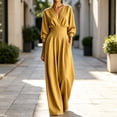 thumbnail image 4 of Karymi Halara Pants Women Solid V Neck Wrap Jumpsuit, 3/4 Lantern Sleeve Elastic High Waist Wide Leg Long Romper Pants, Pleated Front Side Pockets Jumpsuit Halara Pants Women, 4 of 5