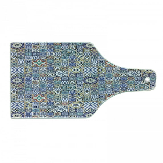 Moroccan Cutting Board, Grid Style Squares Ornamental Geometric Elements Oriental Culture Illustration, Tempered Glass Cutting and Serving Board, Wine Bottle Shape, Multicolor, by Ambesonne