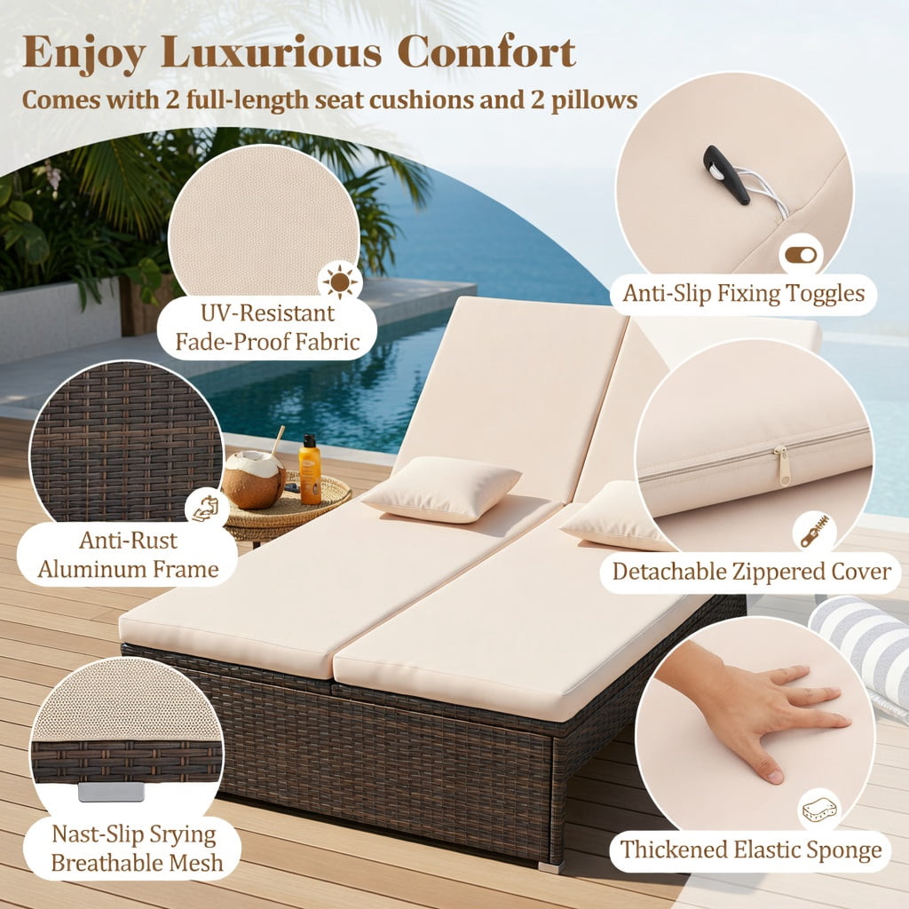 Hommoo Double Chaise Lounge with Adjustable Backrest, PE Rattan Outdoor Patio Lounger for Backyard, Poolside & Deck, Brown
