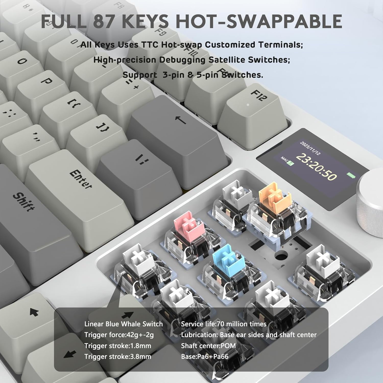 ATTACK SHARK K86 RGB 75% Wireless Gasket Mechanical Keyboard,82 Keys Hot Swappable,4000mAH Battery/CNC Knob & 1.2''HD OLED Digital Display,Custom Linear Switches& Detachable Coiled Cable- Gray