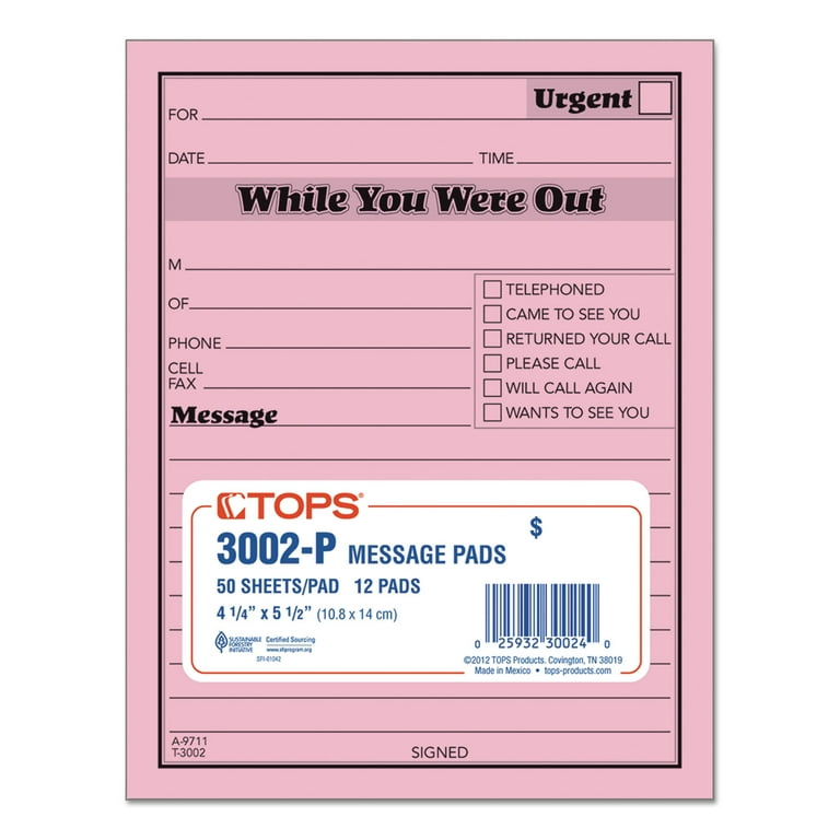 Pink Message Pad, One-Part (No Copies), 4.25 x 5.5, 50 Forms/Pad, 12 Pads/Pack Pink Message Pad, One-Part (No Copies), 4.25 x 5.5, 50 Forms/Pad, 12 Pads/Pack
