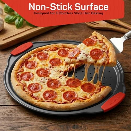 Nonstick Pizza Pan Set with Silicone Handles, Round Carbon Steel Tray 1 Pack 13-Inch with Perforated Holes, Oven & Dishwasher Safe Gray