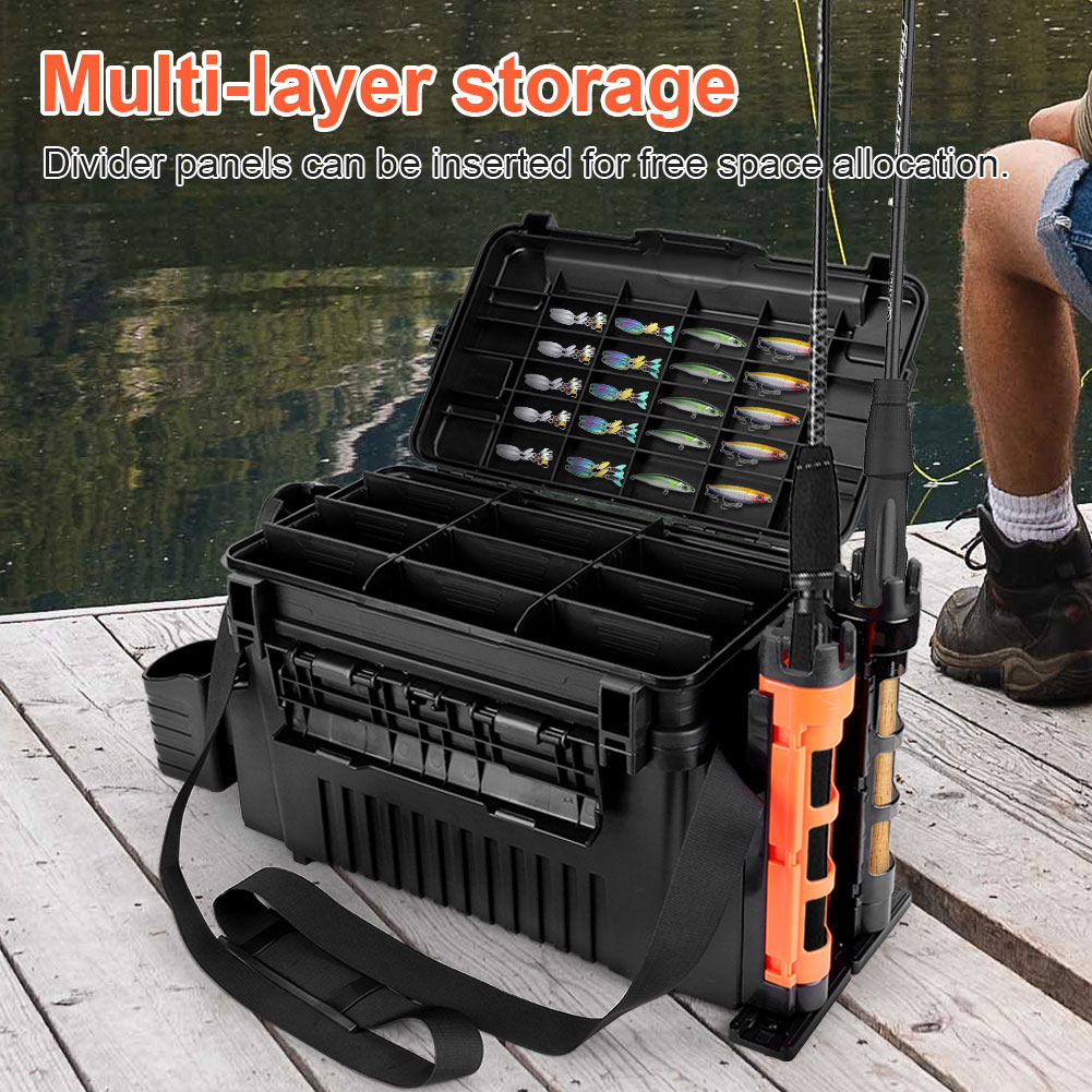 SHegdu 2 Tier Fishing Tackle Box Fishing Tackle Storage Box with Cup & Rod Holder Fishing Gear Carry Case Adjustable Fishing Organizer Case Large Capacity Fishing Accessories