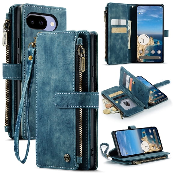 For Google Pixel 10 A Wallet Case with Card Slots, Leather Detachable Wristlet Strap 3-in-1 Zipper Pocket and Magnetic Flip Folio, RFID Blocking Card Holder Stand Case for Women and Men,Blue