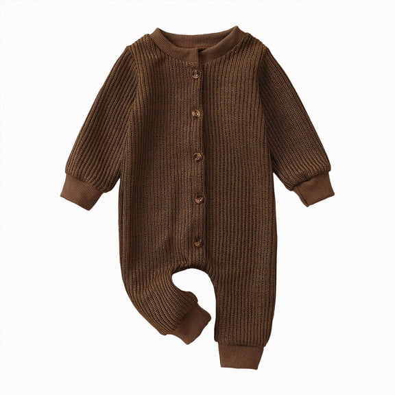 YDFCWXW Newborn Infant Baby Boy Girl Footie Romper, Waffle Knit Side Button Jumpsuit Sweater Coverall Jumpsuits for Babies (Brown, 9-12 Months)