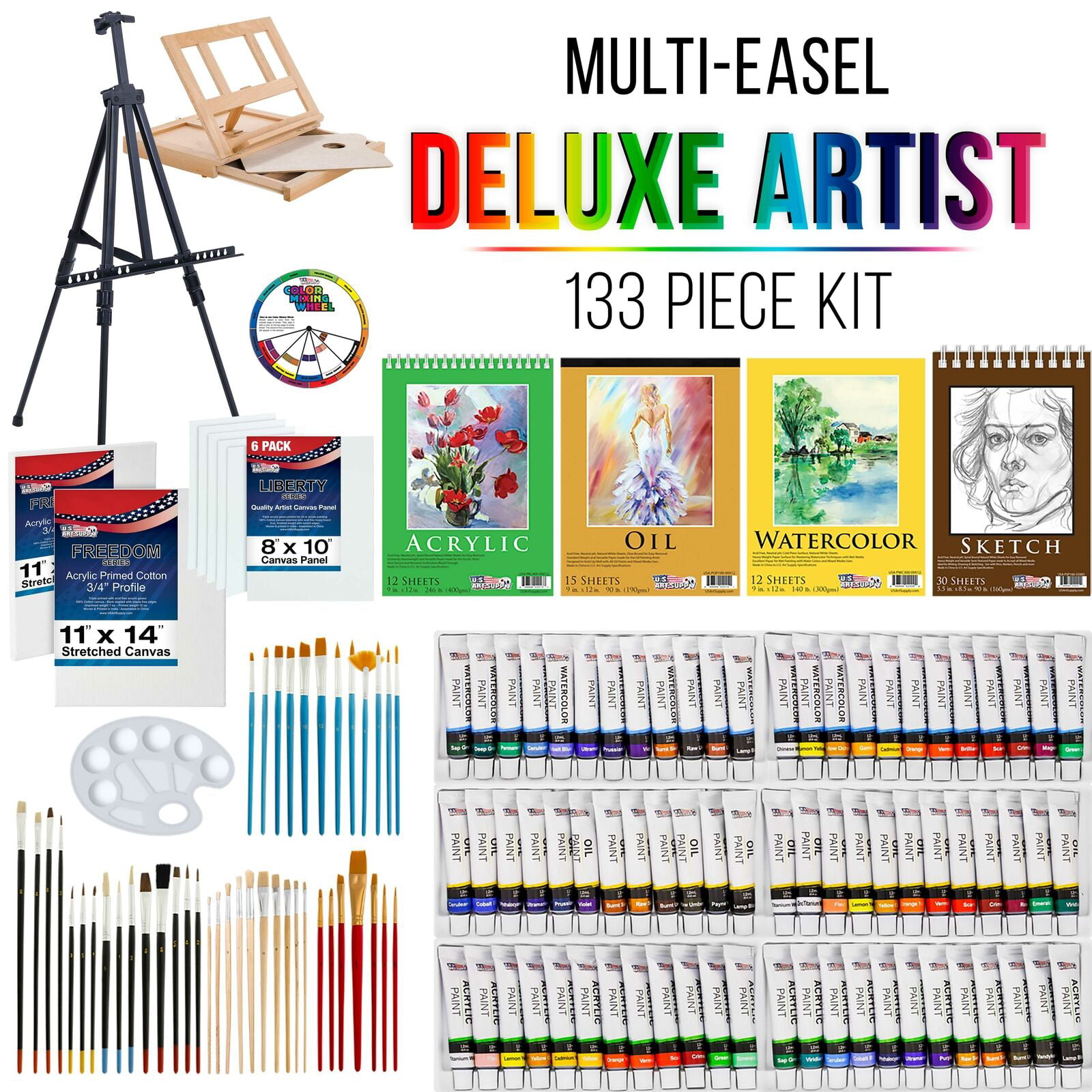 Loomini 27pc Kids Paint Kit Set: Brushes, Canvas, Tabletop Easel - Bonus  Paint Supplies - Ages 8-12 
