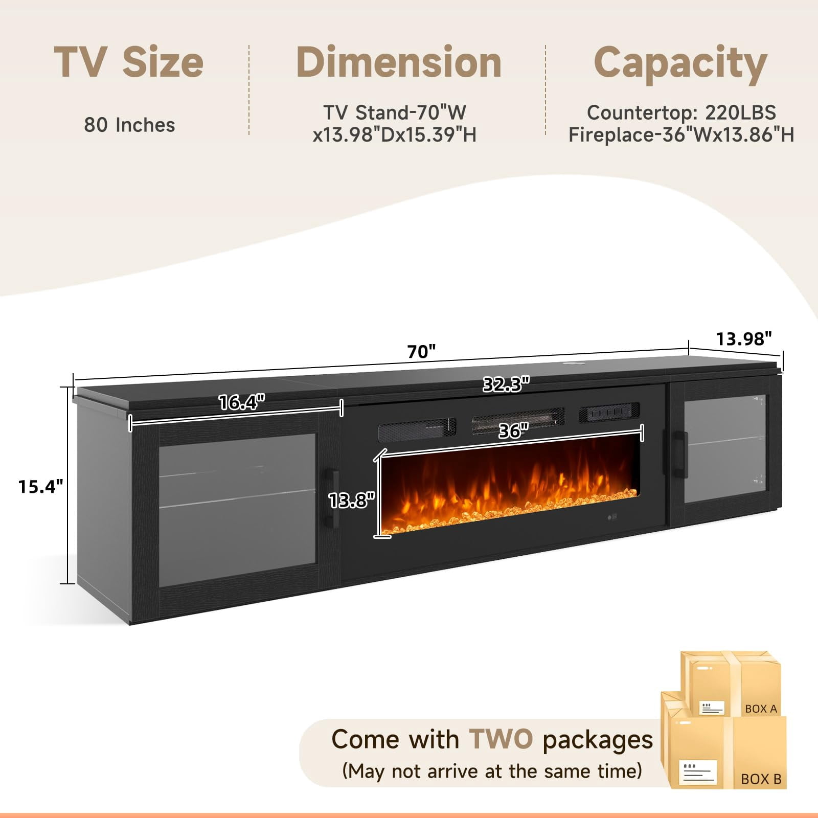 Sunmthink Floating TV Stand with 36" Electric Fireplace, High Gloss Finish Wall Mounted Fireplace Entertainment Center with Storage for TVs Up to 80", Black