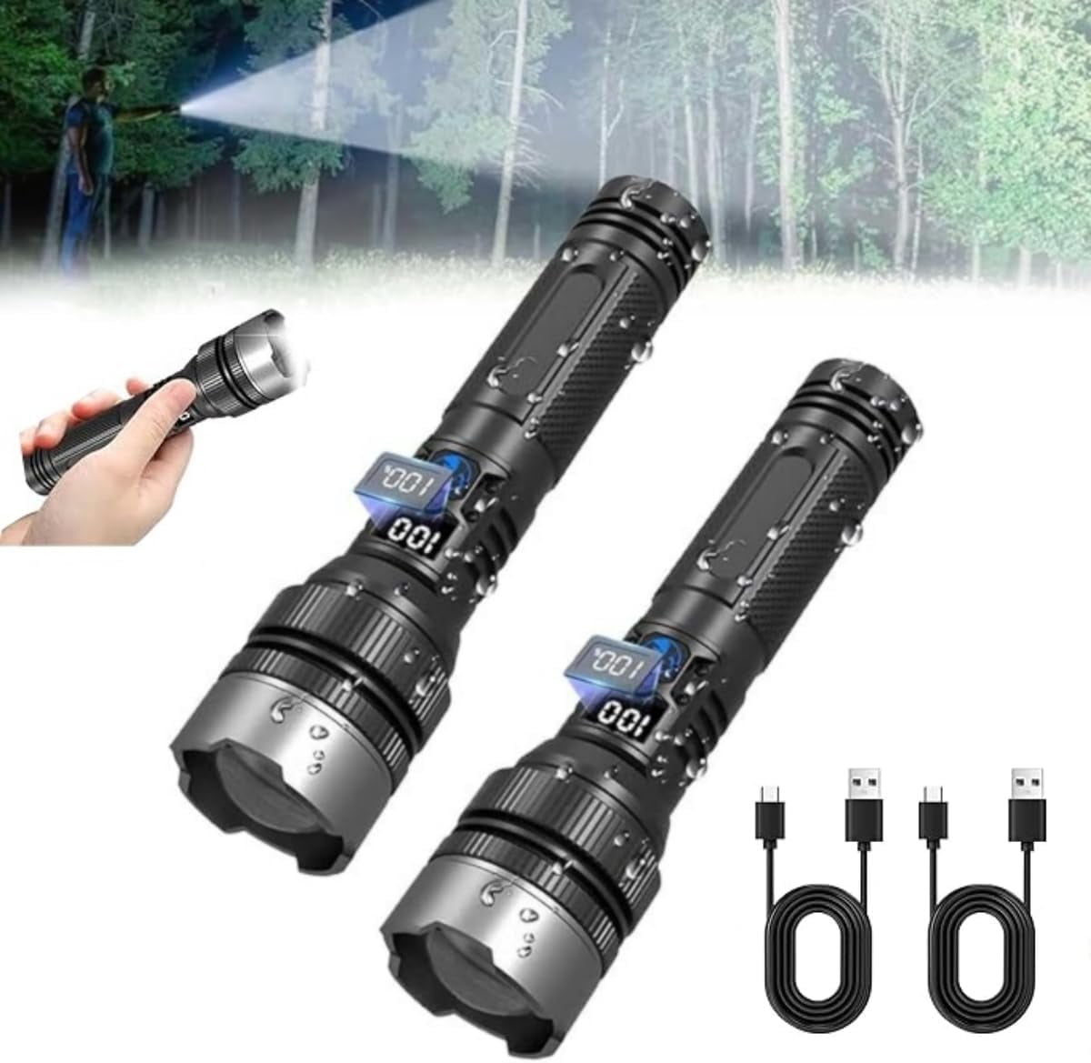2-in-1 Strong Flashlight (Power Bank)，Digital Display of Power, Rechargeable, X4Waterproof, Adjustable Brightness Flash Light for Outdoor, Emergency, Night Garage Lighting