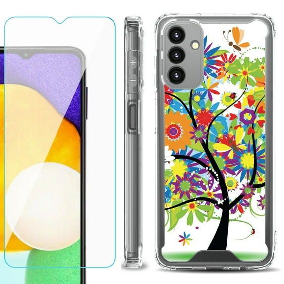 Shockproof Bumper Phone Case for Samsung Galaxy A13 5G, with Tempered Glass Screen Protector, by OneToughShield ® - Colorful Tree