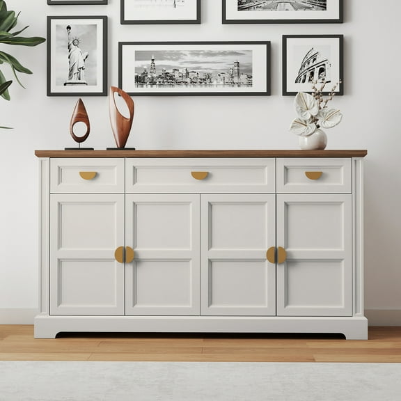 CBJCBJ Modern 60" Large Sideboard Storage Cabinet with Drawers, Farmhouse Wooden Coffee Bar, White