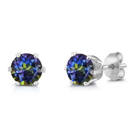 Gem Stone King 2.00 Ct Round 6mm Blue Mystic Topaz Brass Silver Plated Brass Stud Earrings for Women Men