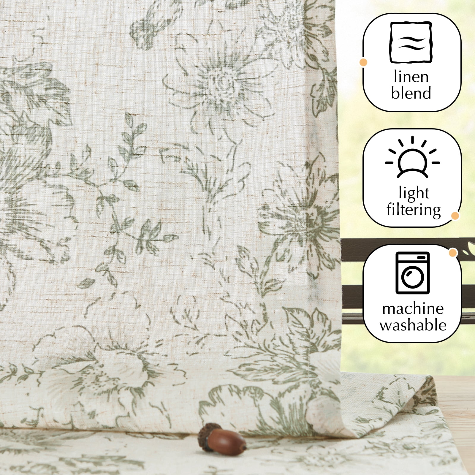 Curtainking Floral Kitchen Curtains Linen Cafe Curtains Sage Flower 26x36 inch Length Curtains for Living Room 2 Panels