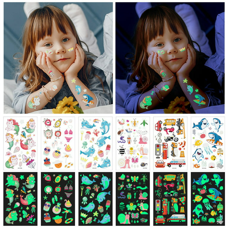 Waterproof Temporary Tattoos for Kids Face Arm, 30 Sheets Glow In