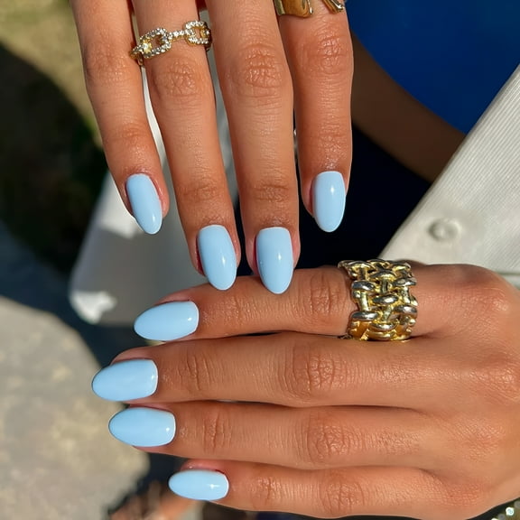 RAGUPEL 2026 New Light Blue Press on Nails Short Almond Fake Nails Solid Color Round Nail Tips False Nails Glossy Full Cover Autumn Glue on Nails Oval Nail Tips for Women&Girls 24Pcs