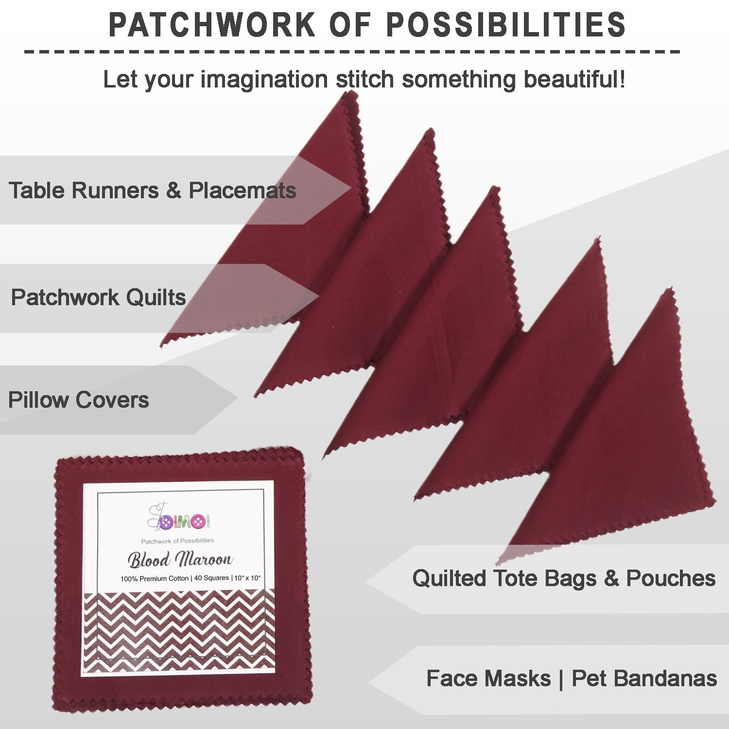 Soimoi 40 Pcs Solid Cotton Fabric Squares Bundles Charm Packs for Quilting, Fat Quarter Layer Cakes, Fabric Scraps for Crafts,Precuts Quilt Squares 10 X 10 inches, DIY Fabric Bundle - Blood Maroon