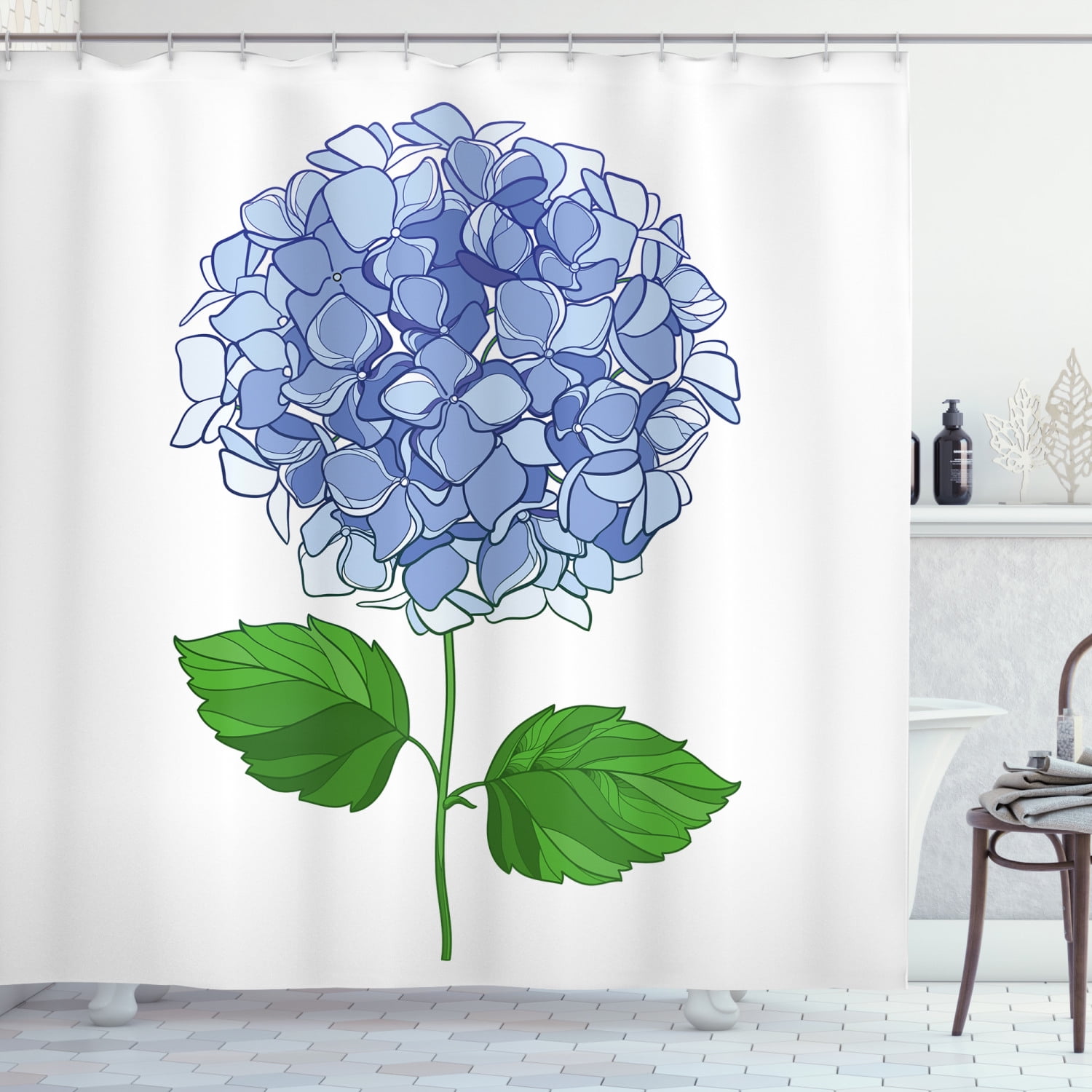Hydrangea Shower Curtain, Simple Digital Drawn Graphic of Flower Blooms, Fabric Bathroom Set