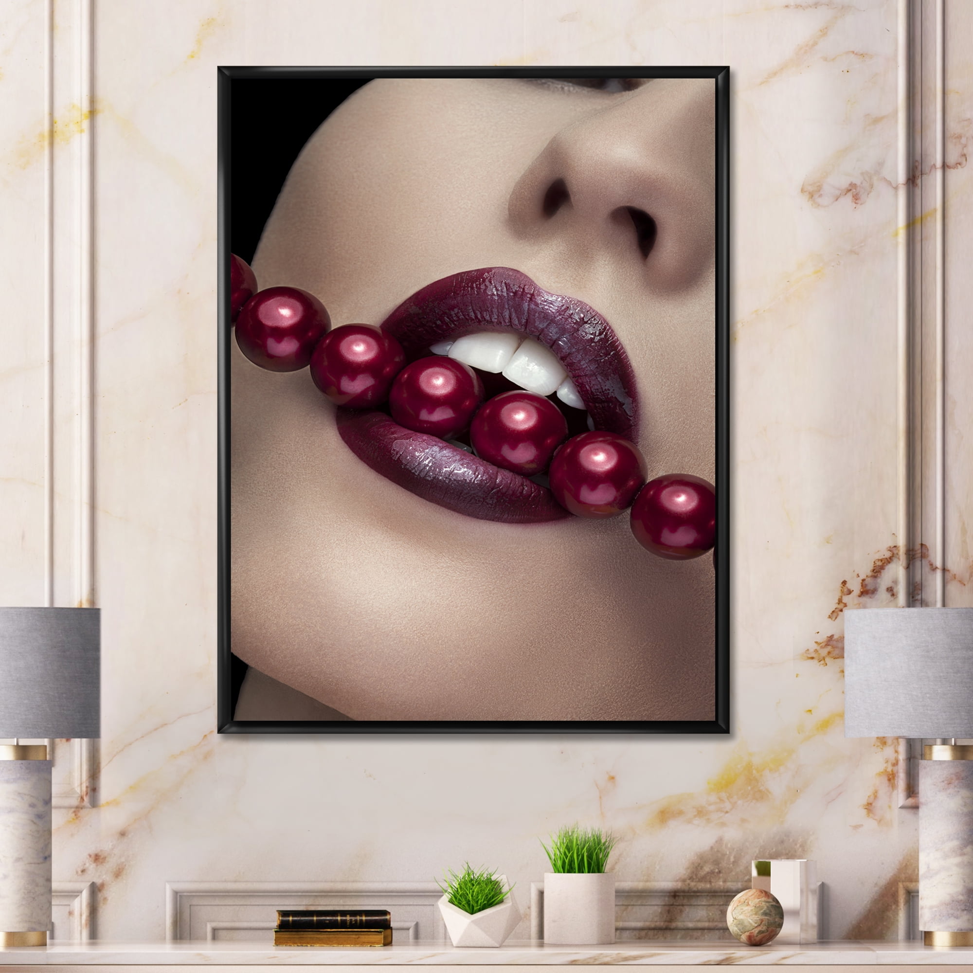 Designart 'Girl Bitting With Red Lips With Red Pearls' Modern Framed Canvas Wall Art Print