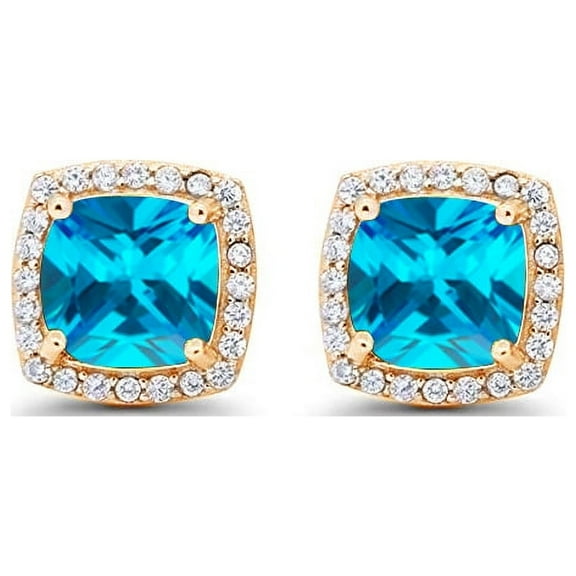 Paris Jewelry 18k Yellow Gold 2Ct Created Halo Princess Cut Blue Topaz Stud Earrings Plated