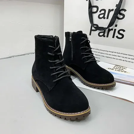 

Side Zip Chunky Heeled Martin Boots Suede Lace-up Ankle Boots Women‘s Short Boots