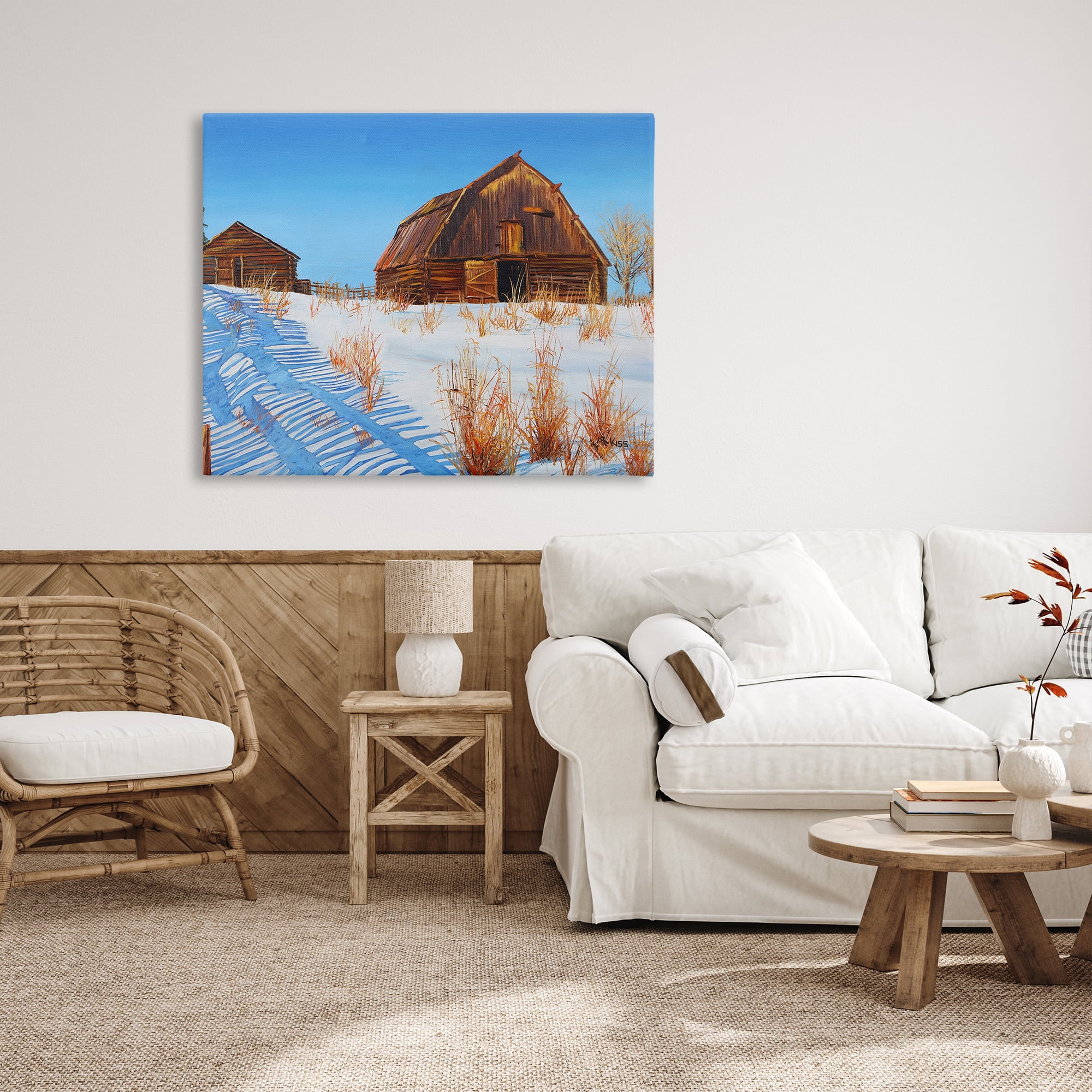 Stupell Industries Winter Country Barn Landscape Painting Gallery Wrapped Canvas Art Print Wall Art, 48 x 36