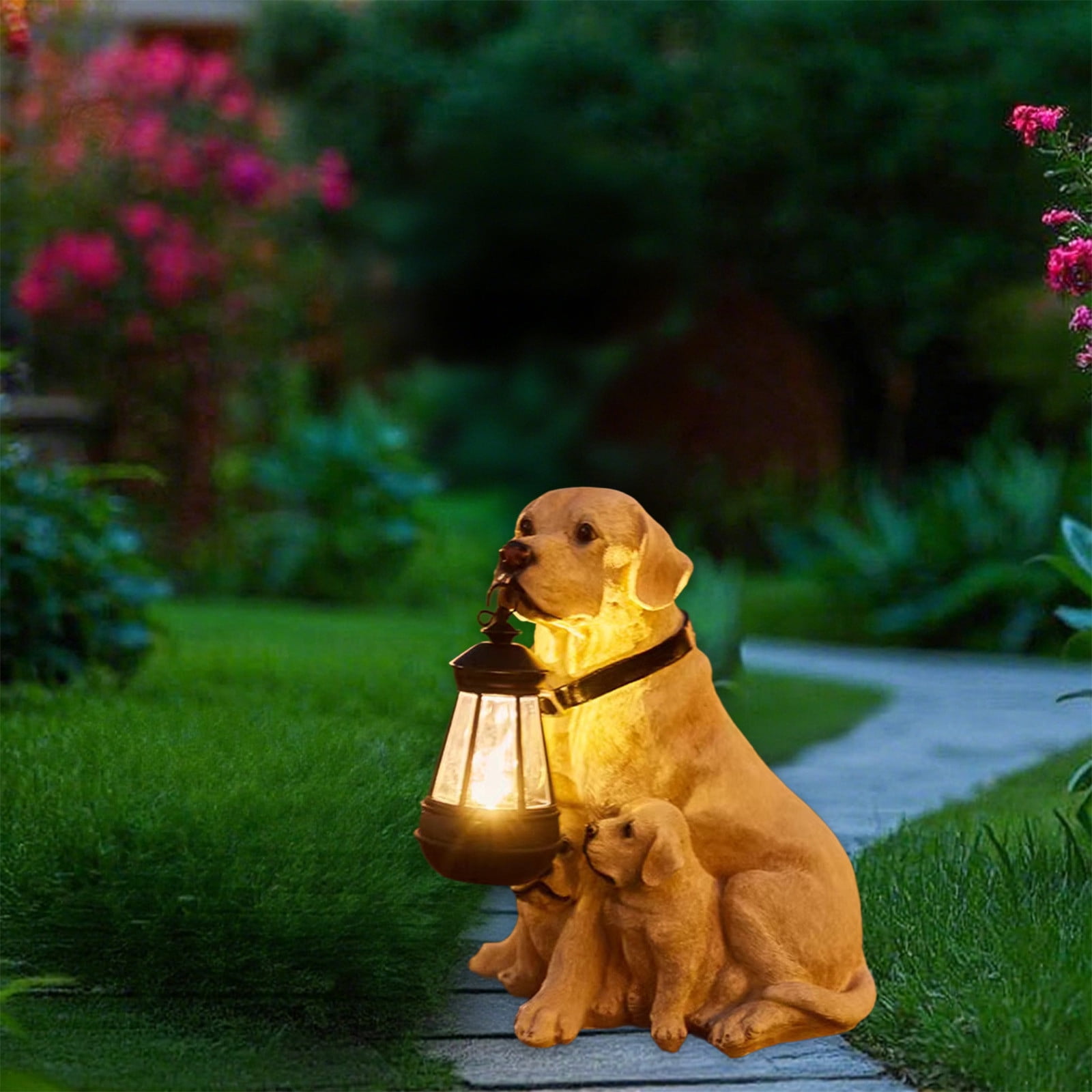 Sylchomon Solar Powered Dog Statue LED Light Outdoor Garden Decor Rechargeable Resin Yard Ornament Weatherproof Hanging Lantern Pet Design