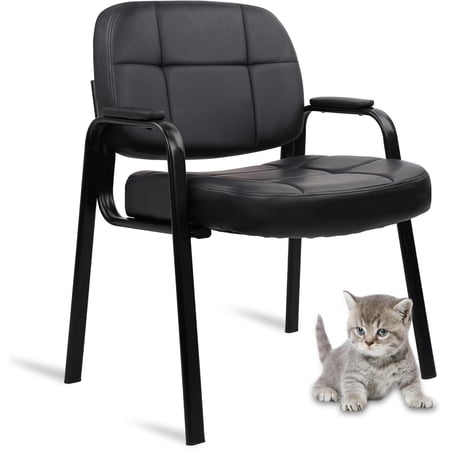 Big & Tall 500 lbs Leather Office Reception Chair No Wheels with Padded Arms, Waiting Room Guest Chair for Elderly Home Desk Conference Room Lobby Side Salon Clinic, Black
