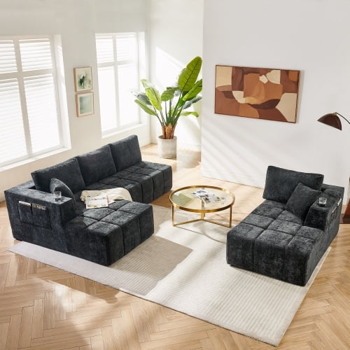 132-inch U-Shaped Chenille Sectional Sofa with Dual Chaises, Cup Holders & Side Pockets, Cloud-Style Boneless No-Assembly Compression Couch for Living Room, Black