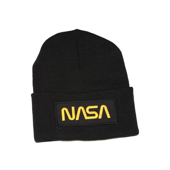 Delux 3D Patch Embroidery Black Cuff Beanie, Space NASA Gold Logo