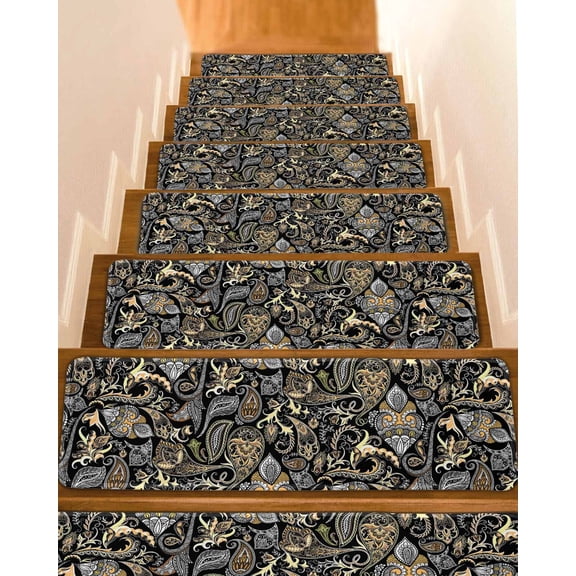 Black Floral Stair Treads for Wooden Steps Indoor Runner Rug Carpet, Boho Botanical Vintage Paisley Flower 4 Pieces Peel and Stick Staircase Step Treads Covers Washable Throw Door Mats, 30"x8"