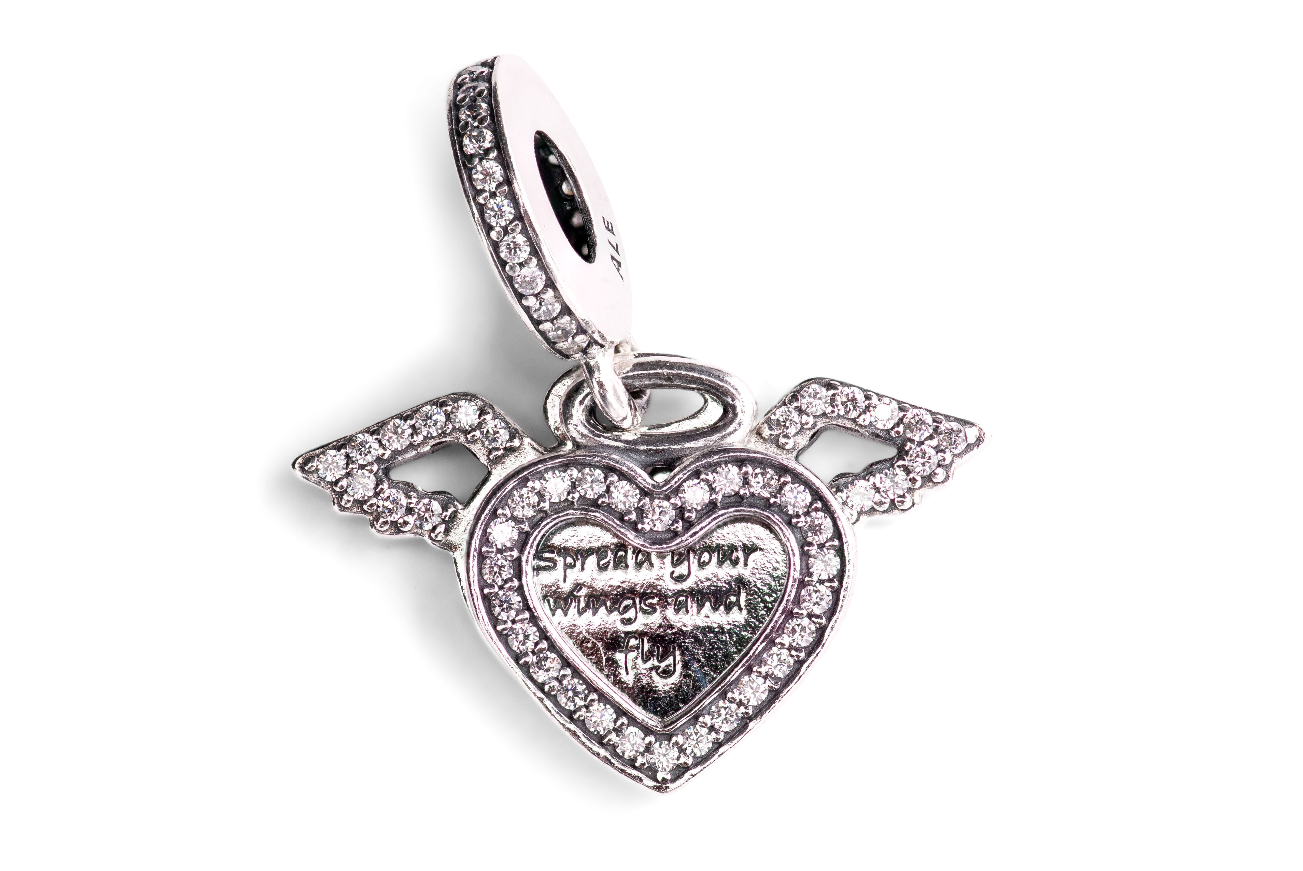 Solid 925 Sterling Silver Dangling Heart with Wings Charm Bead