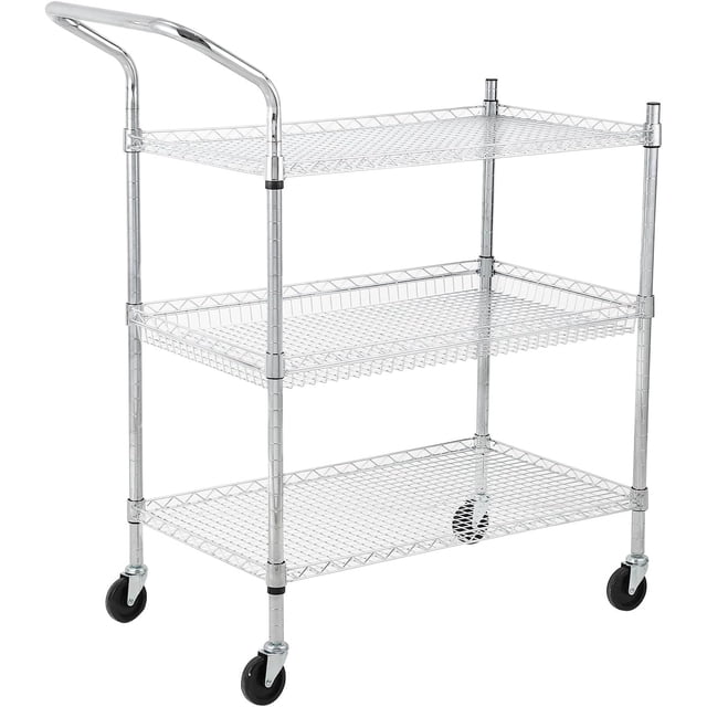 Chariot Utilitaire à 3 Niveaux de Qualité Commerciale Robuste avec Roues Industrielles, Tablettes Ajustables, Poignée Haute, Assemblage Facile - Rangement Alimentaire, Présentoir pour Plantes et Étagère Chariot
