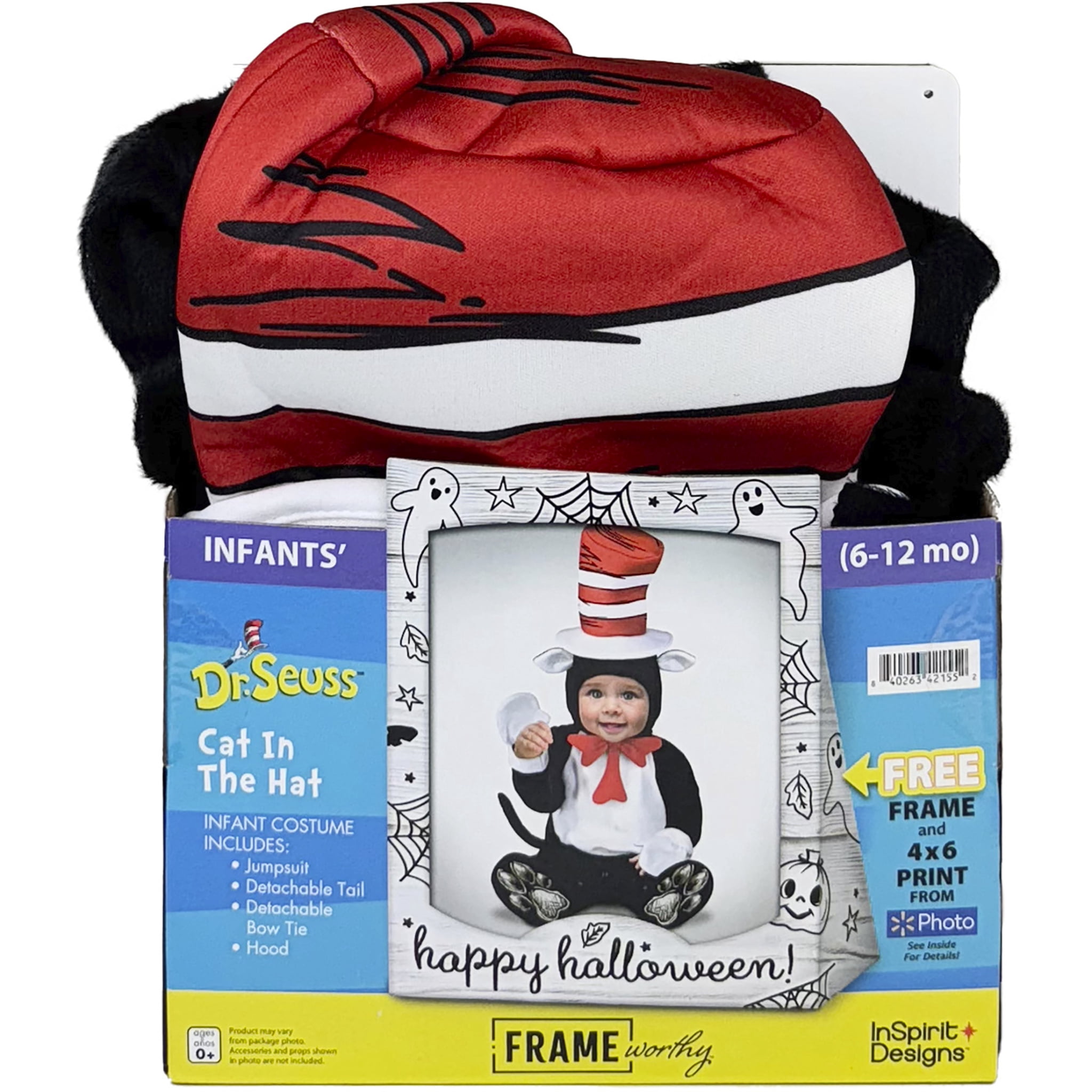 Dr.Suess Cat in the Hat 4pc Halloween Costume for Infants, Size 6-12M, by Inspirit, Free Frame Worthy 4x6 Print